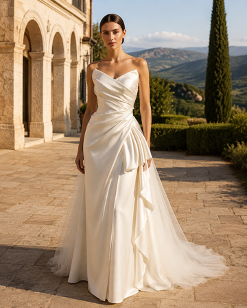 MANT Crossed Sweetheart Draped Satin-Look A-Line Wedding Dress