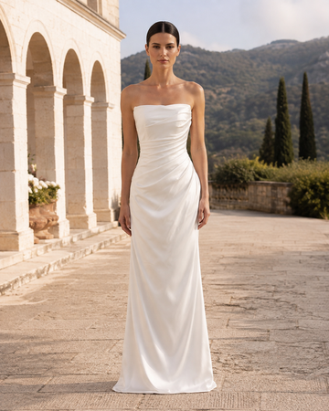 MANT Strapless Ruched Satin-Look Column Wedding Dress