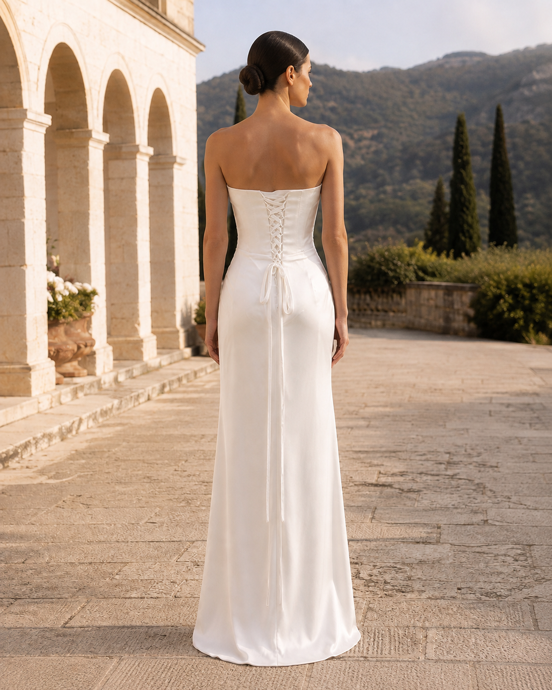 MANT Strapless Ruched Satin-Look Column Wedding Dress