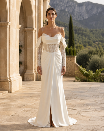 MANT Off-Shoulder Lace Satin-Look Column Wedding Dress
