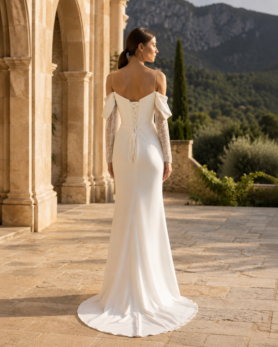 MANT Off-Shoulder Lace Satin-Look Column Wedding Dress