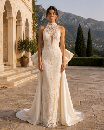 MANT High-Neck Lace Bow-Back Column Wedding Dress