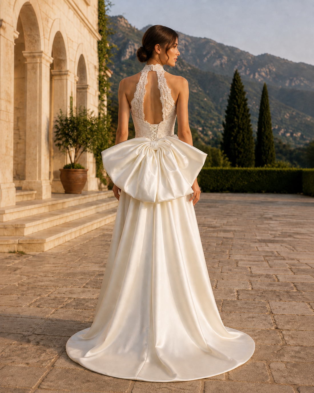 MANT High-Neck Lace Bow-Back Column Wedding Dress