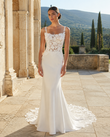 MANT Scoop-Neck Lace Satin-Look Mermaid Wedding Dress