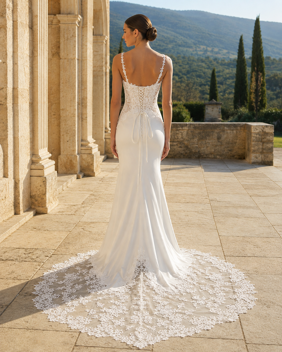 MANT Scoop-Neck Lace Satin-Look Mermaid Wedding Dress