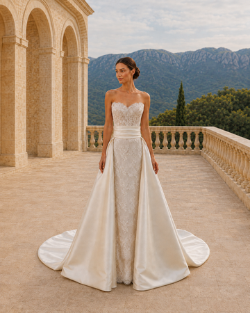 MANT Strapless Sweetheart Lace with Satin-Like Overskirt Column Wedding Dress