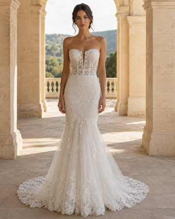 MANT Plunging Sweetheart Floral Lace Mermaid Wedding Dress