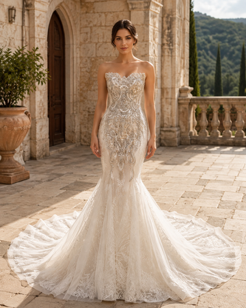 MANT Strapless Ornate Lace Mermaid Wedding Dress