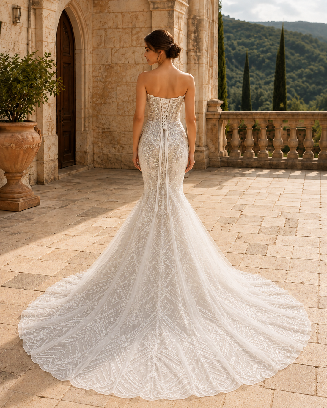 MANT Strapless Ornate Lace Mermaid Wedding Dress