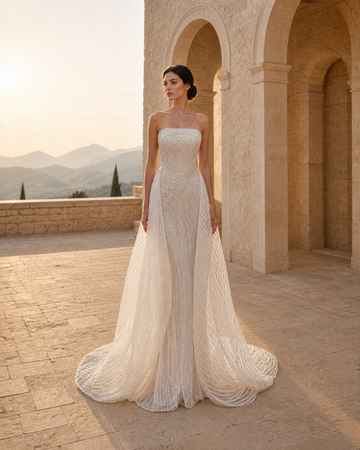 MANT Strapless Beaded Draped-Hip Mermaid Wedding Dress