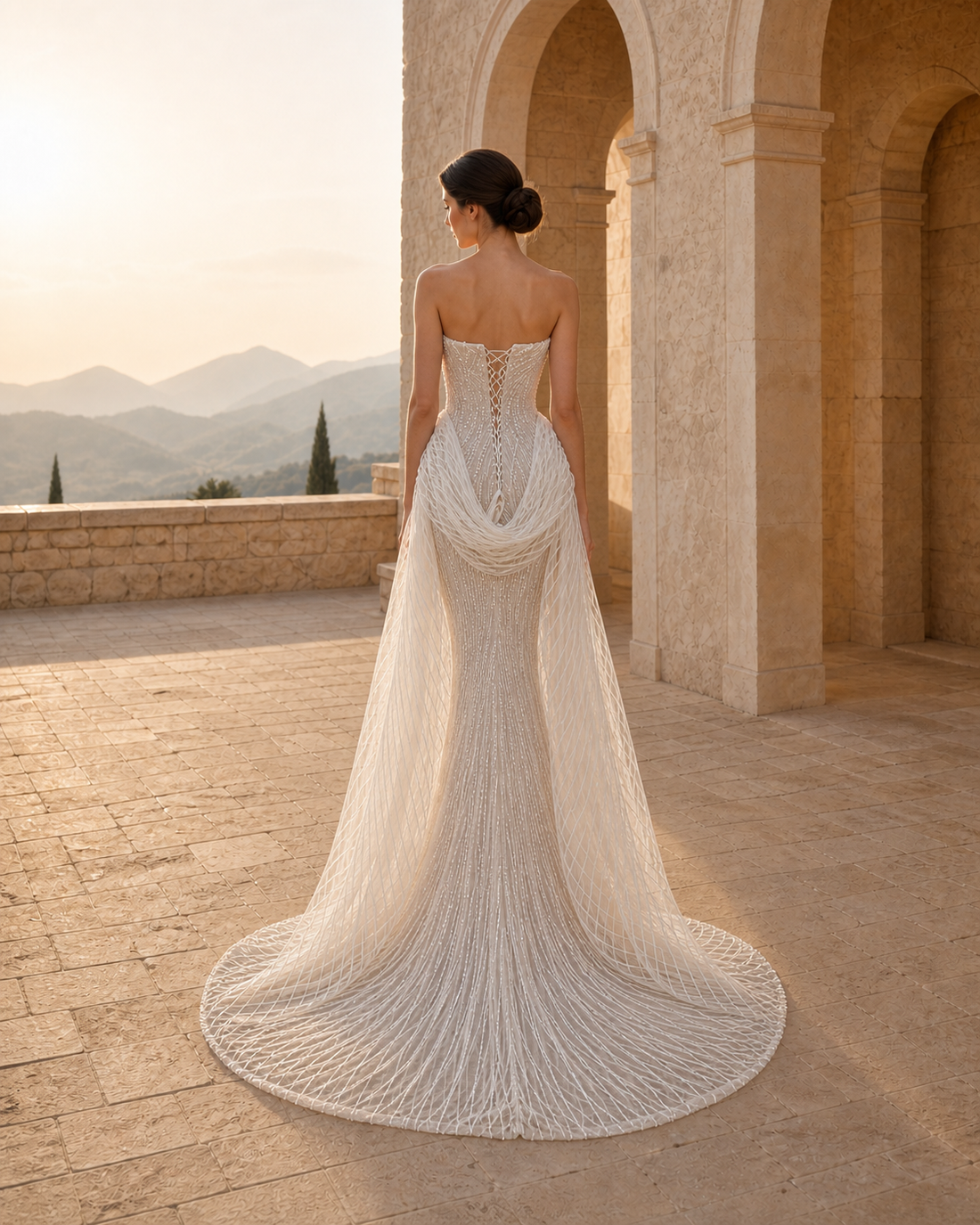 MANT Strapless Beaded Draped-Hip Mermaid Wedding Dress
