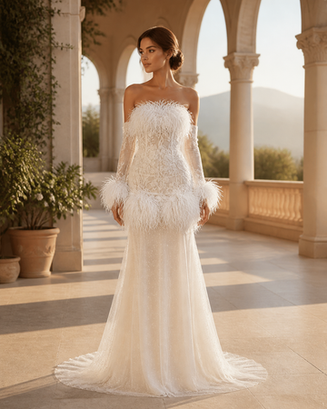 MANT Feather-Textured Open-Back Mermaid Wedding Dress