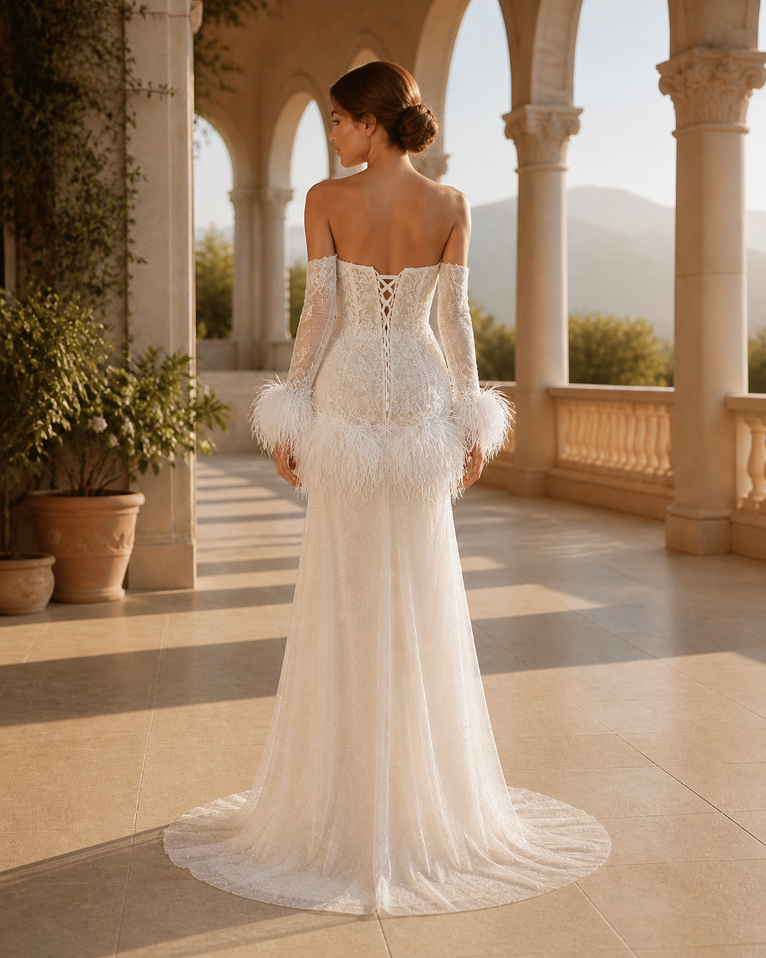 MANT Feather-Textured Open-Back Mermaid Wedding Dress