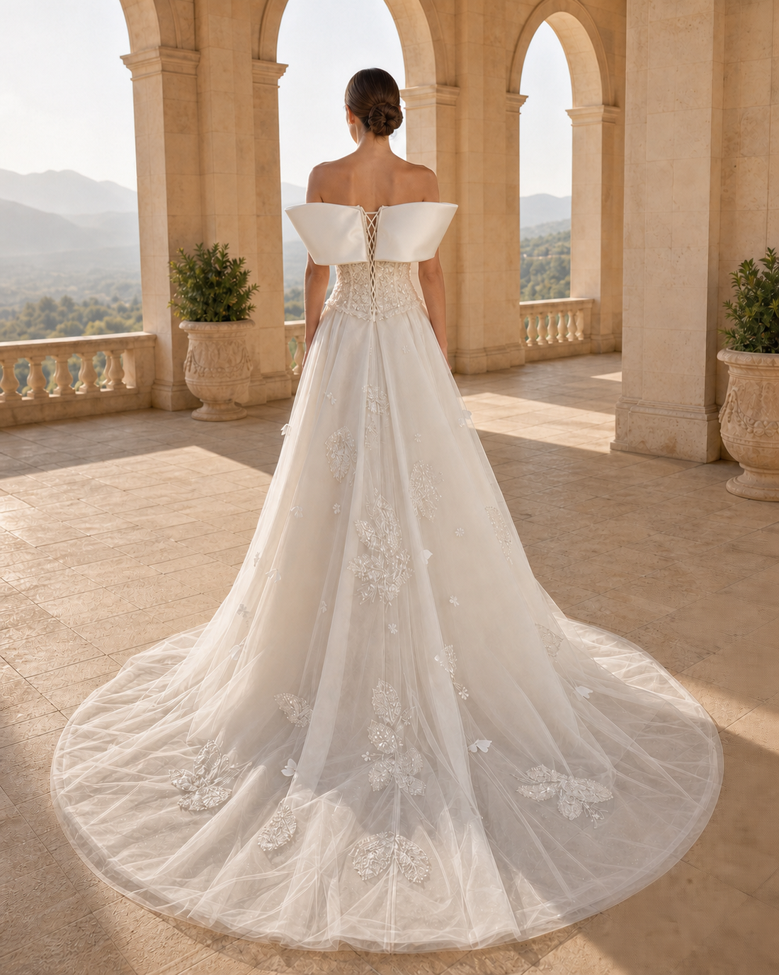 MANT Portrait-Collar Bow-Back Lace Mermaid Wedding Dress