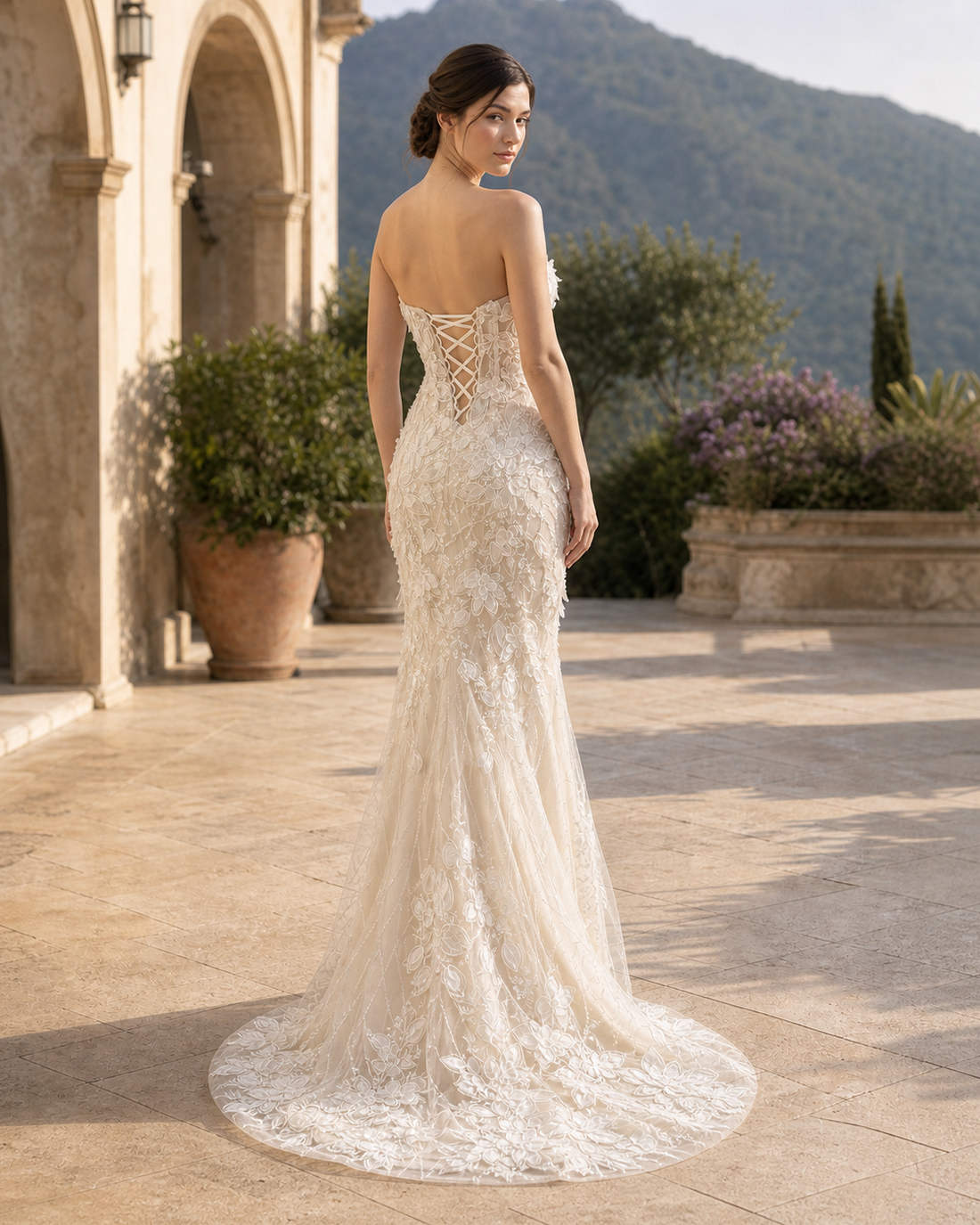 MANT Choker-Cape Strapless Floral-Lace Mermaid Wedding Dress