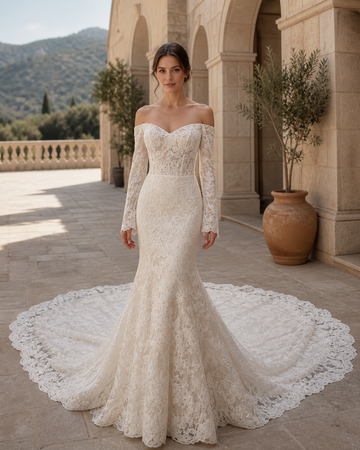 MANT Off-Shoulder Long-Sleeve Lace Mermaid Wedding Dress