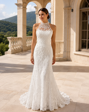 MANT Halter Keyhole-Back Lace Mermaid Wedding Dress