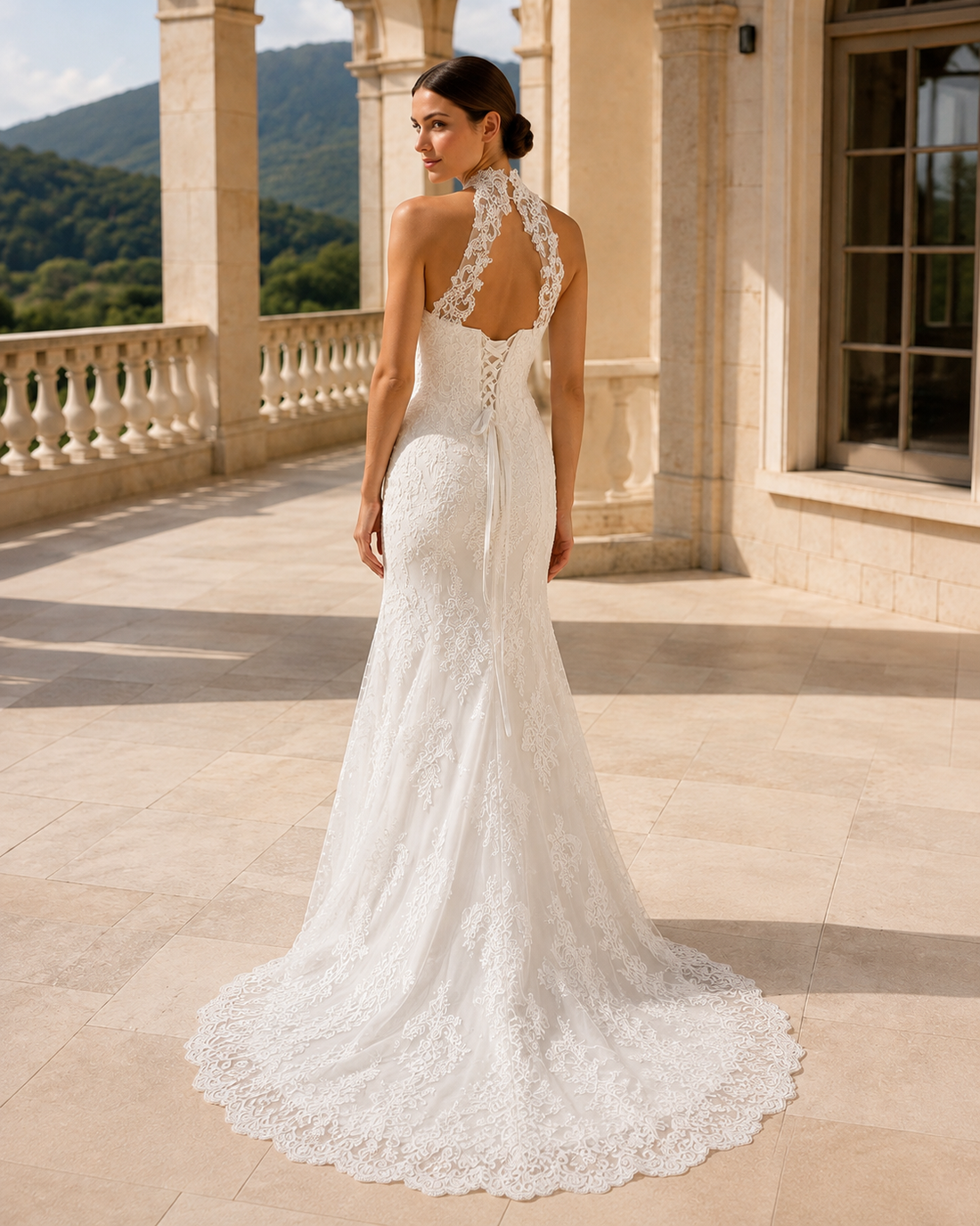 MANT Halter Keyhole-Back Lace Mermaid Wedding Dress