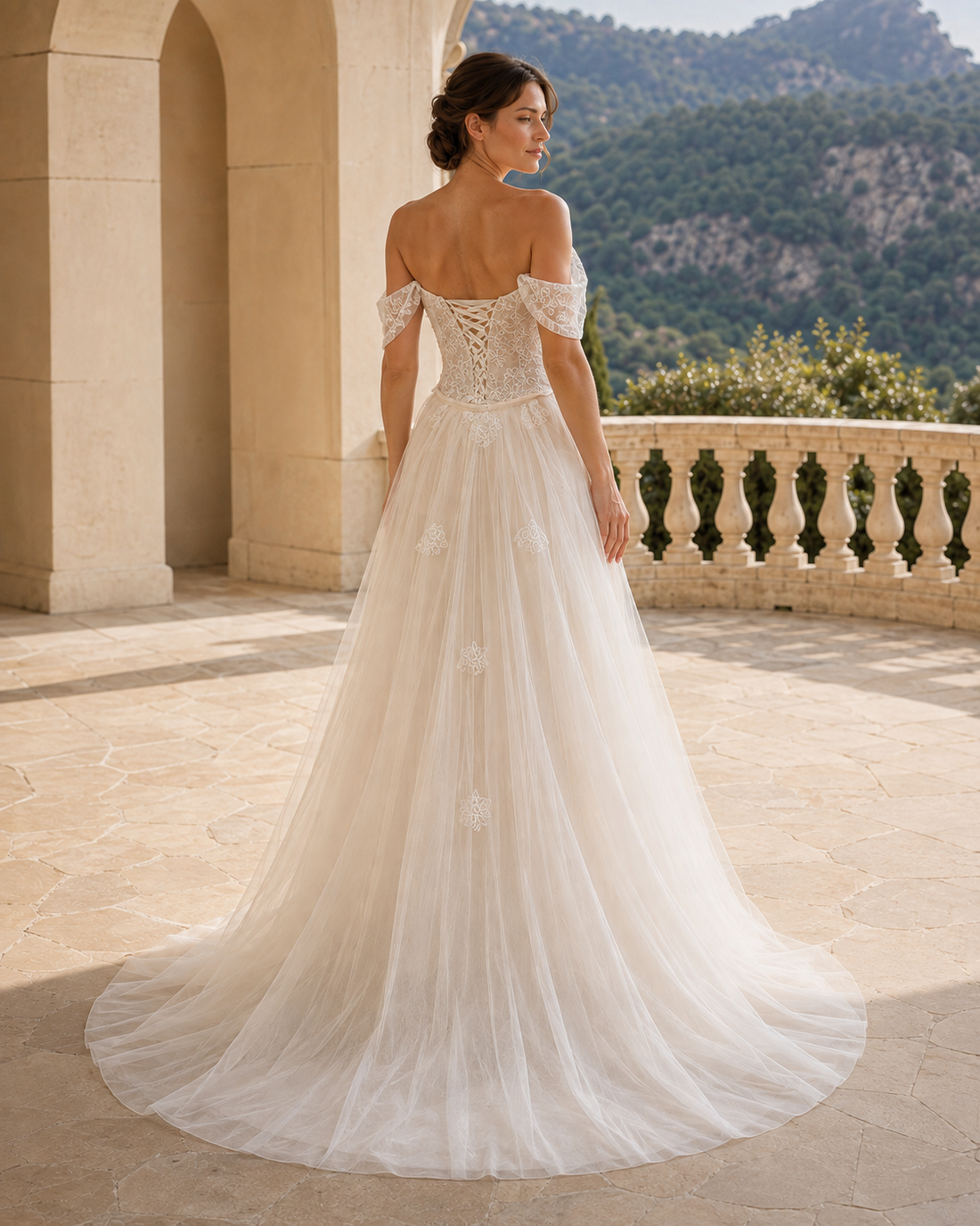 MANT Off-Shoulder Lace with Sheer Overskirt Column Wedding Dress