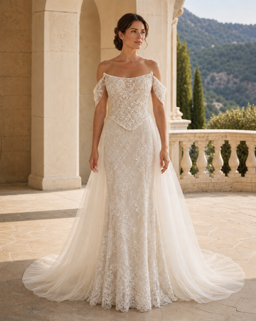 MANT Off-Shoulder Lace with Sheer Overskirt Column Wedding Dress