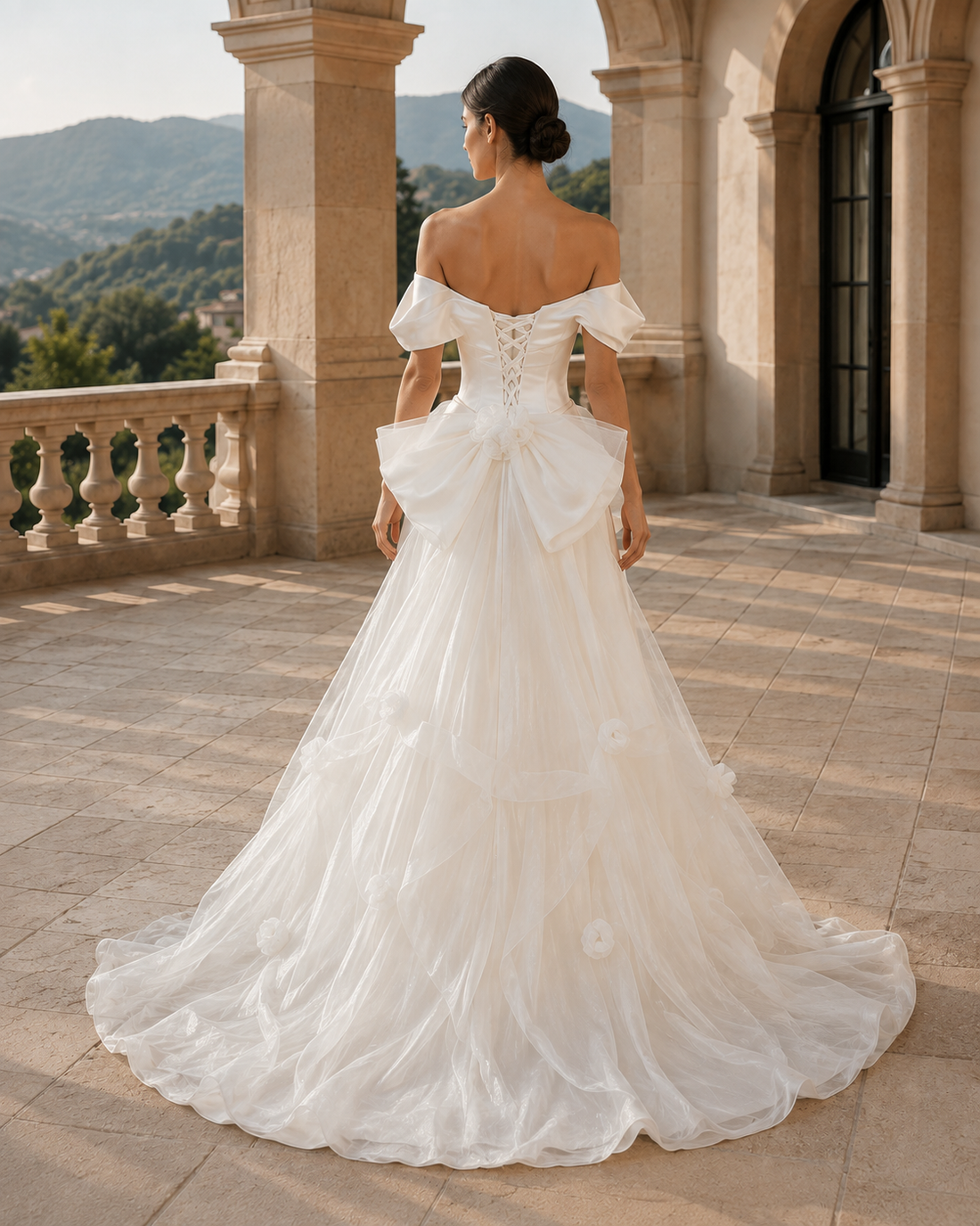 MANT Off-Shoulder Draped Bow-Back Column Wedding Dress