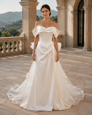 MANT Off-Shoulder Draped Bow-Back Column Wedding Dress