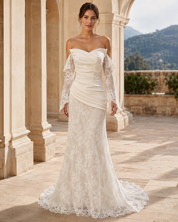 MANT Off-Shoulder Draped Lace Mermaid Wedding Dress