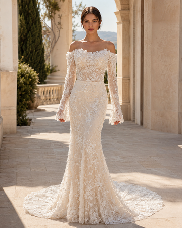 MANT Off-Shoulder Floral Lace Bell-Sleeve Mermaid Wedding Dress