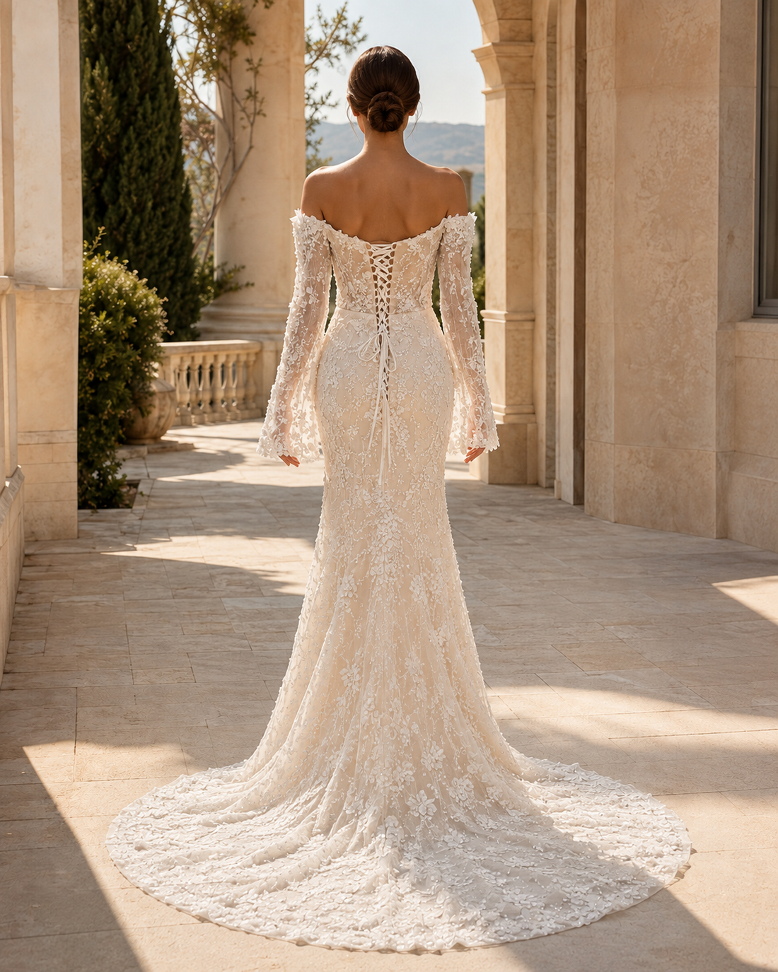 MANT Off-Shoulder Floral Lace Bell-Sleeve Mermaid Wedding Dress