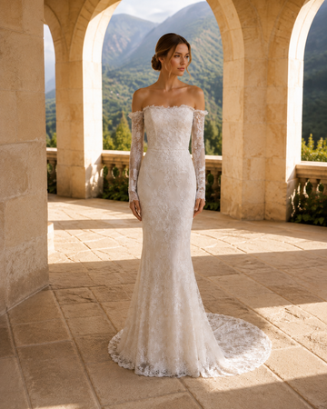 MANT Off-Shoulder Straight-Neck Long-Sleeve Lace Mermaid Wedding Dress