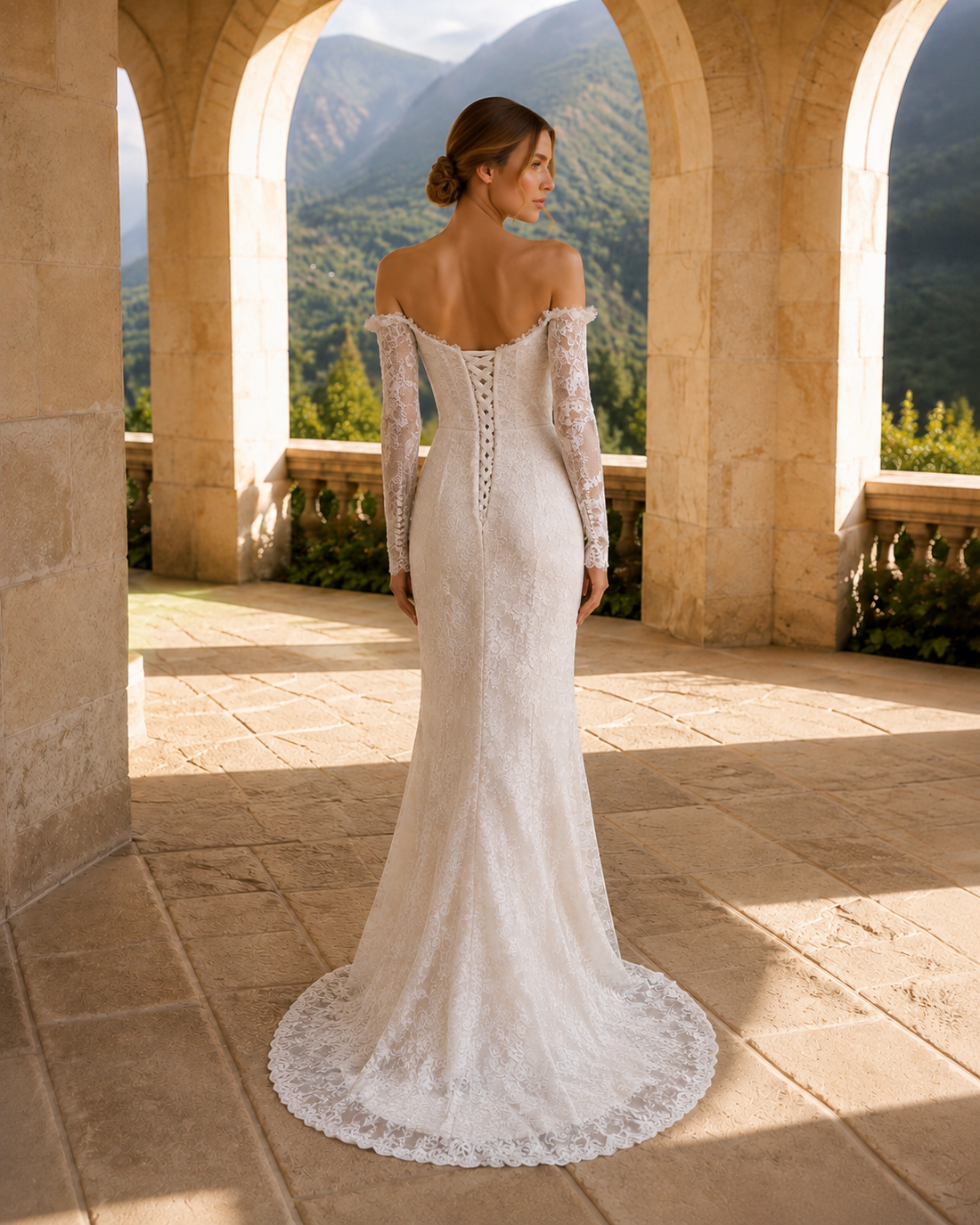 MANT Off-Shoulder Straight-Neck Long-Sleeve Lace Mermaid Wedding Dress