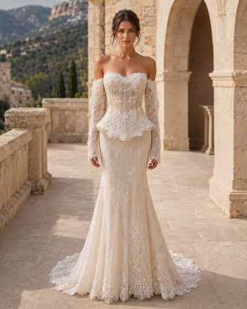 MANT Off-Shoulder Lace Peplum Mermaid Wedding Dress