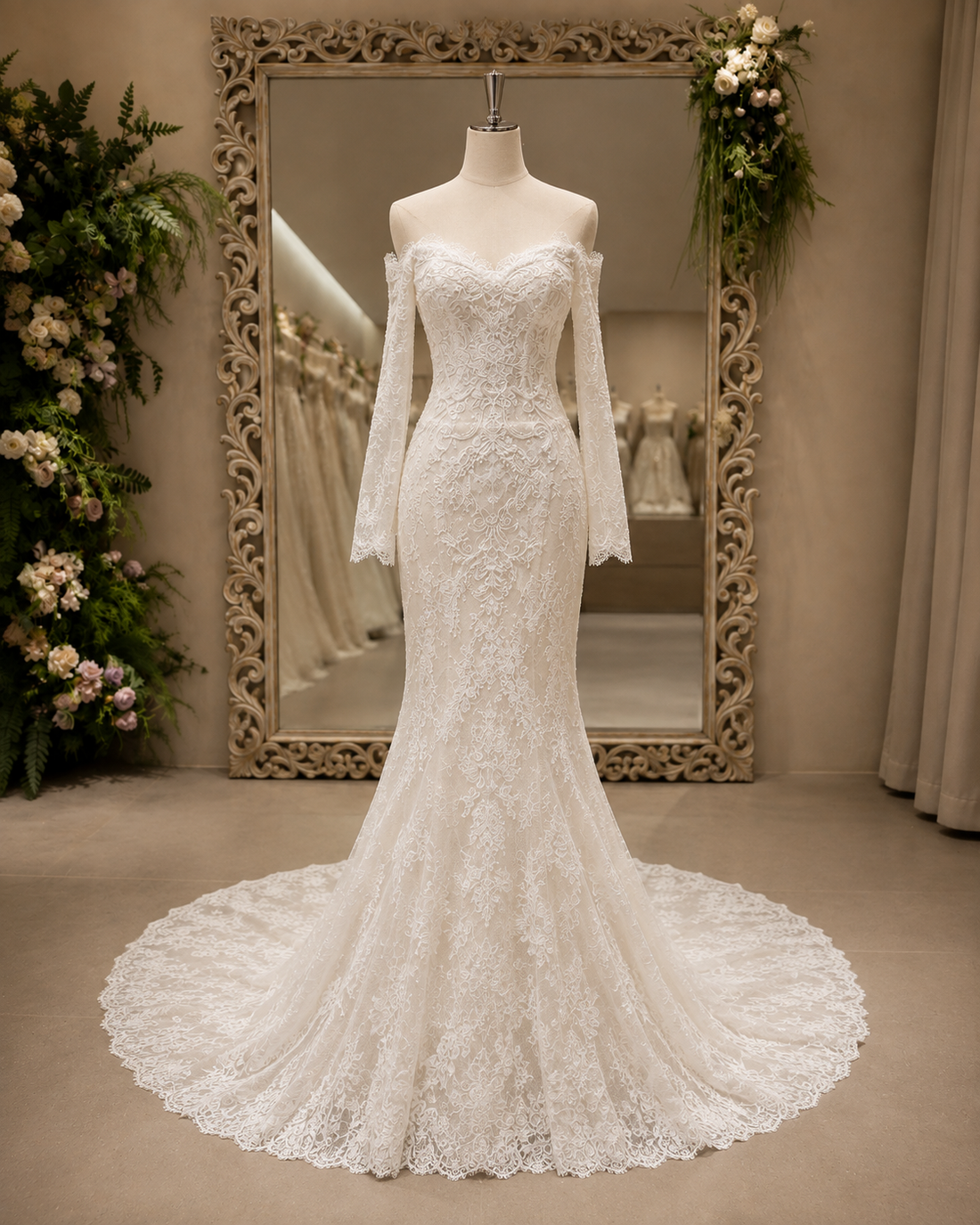 MANT Off-Shoulder Long-Sleeve Lace Mermaid Wedding Dress