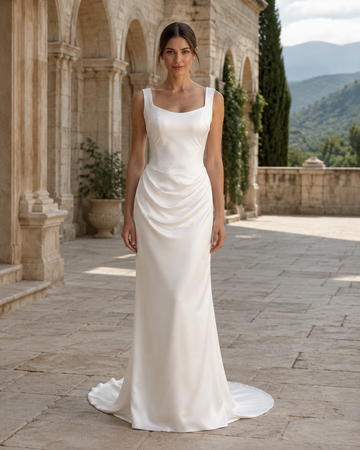 MANT Scoop-Neck Draped Satin-Look Column Wedding Dress