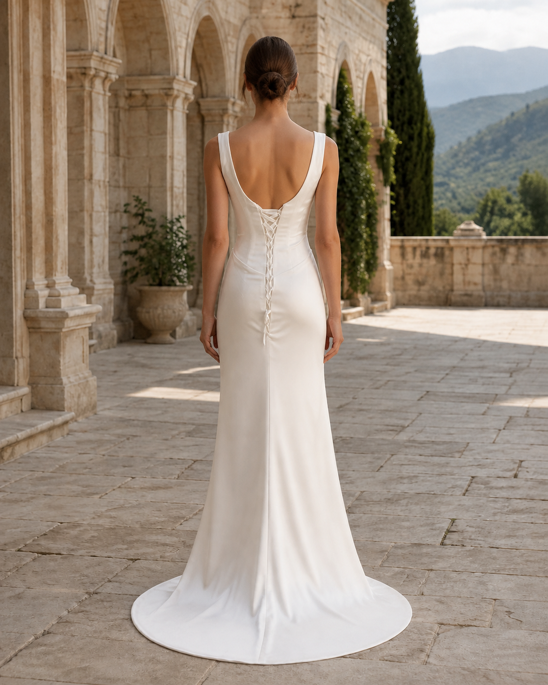 MANT Scoop-Neck Draped Satin-Look Column Wedding Dress