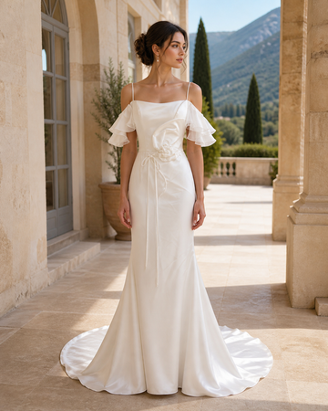 MANT Square-Neck Flutter-Sleeve Mermaid Wedding Dress