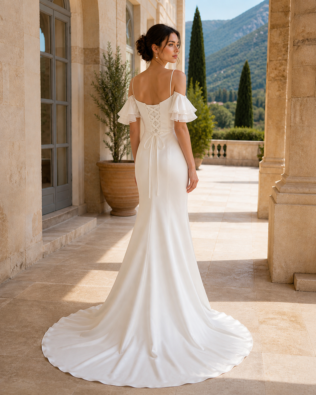 MANT Square-Neck Flutter-Sleeve Mermaid Wedding Dress