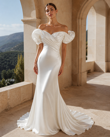 MANT Asymmetric Puff-Sleeve Mermaid Wedding Dress