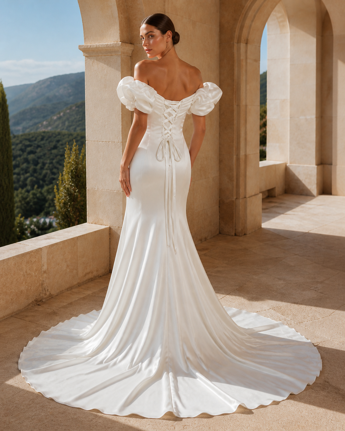 MANT Asymmetric Puff-Sleeve Mermaid Wedding Dress