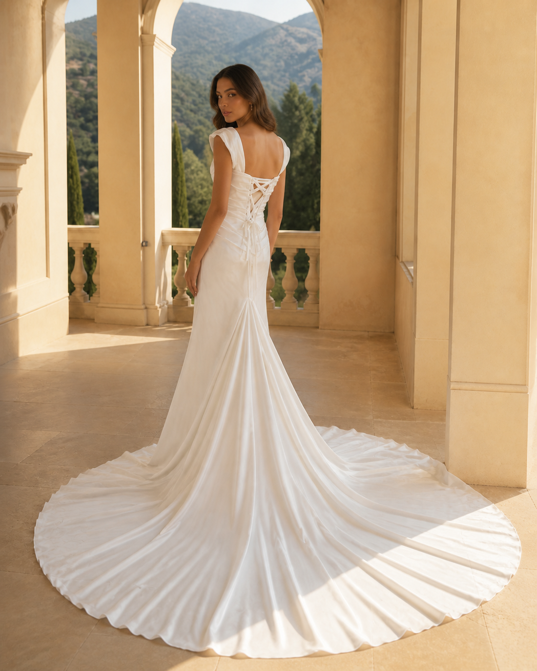 MANT Folded Cap-Sleeve Ruched Mermaid Wedding Dress