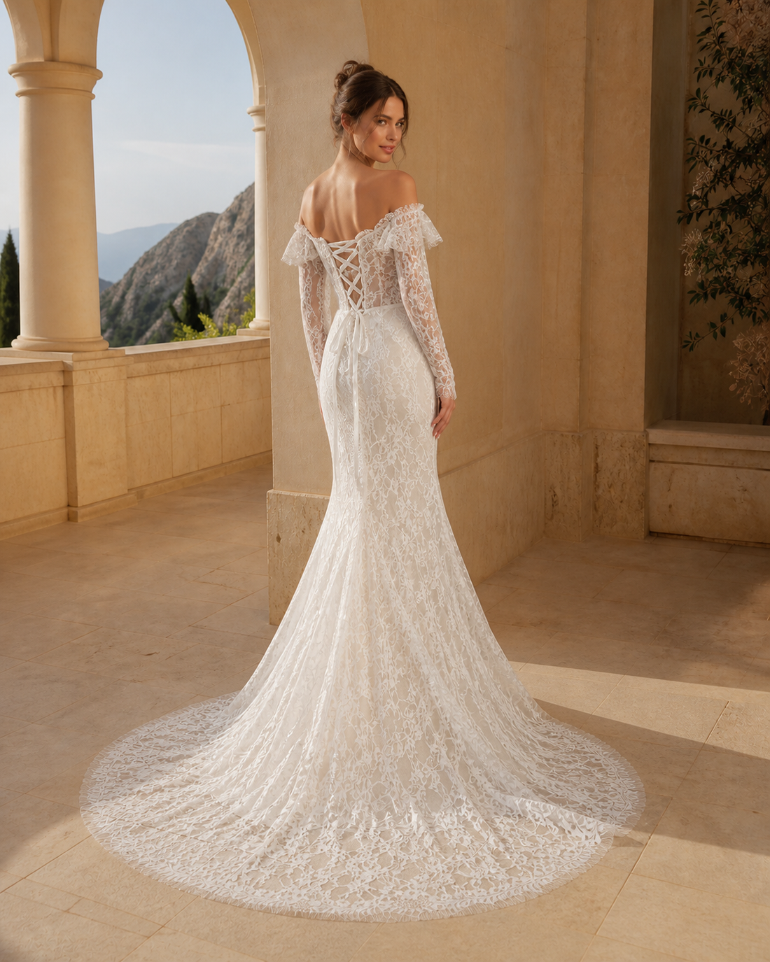 MANT Square-Neck Lace Long-Sleeve Mermaid Wedding Dress