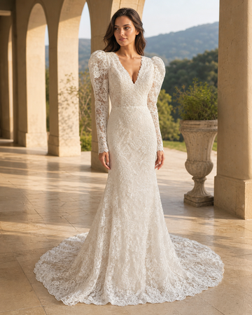 MANT Deep V Long-Sleeve Mermaid Wedding Dress