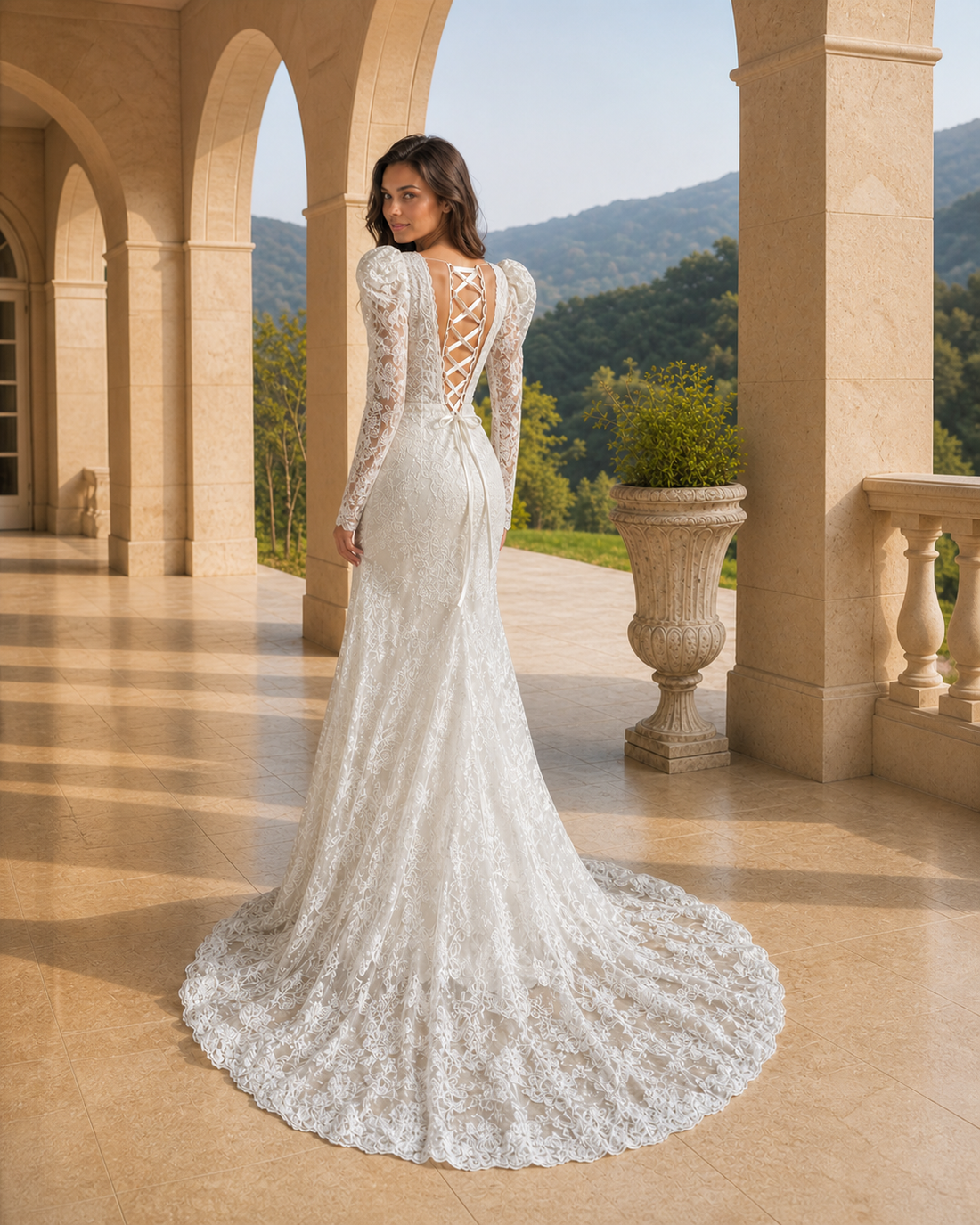 MANT Deep V Long-Sleeve Mermaid Wedding Dress
