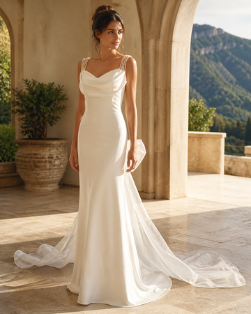 MANT Cowl-Neck Sheer Overskirt Mermaid Wedding Dress