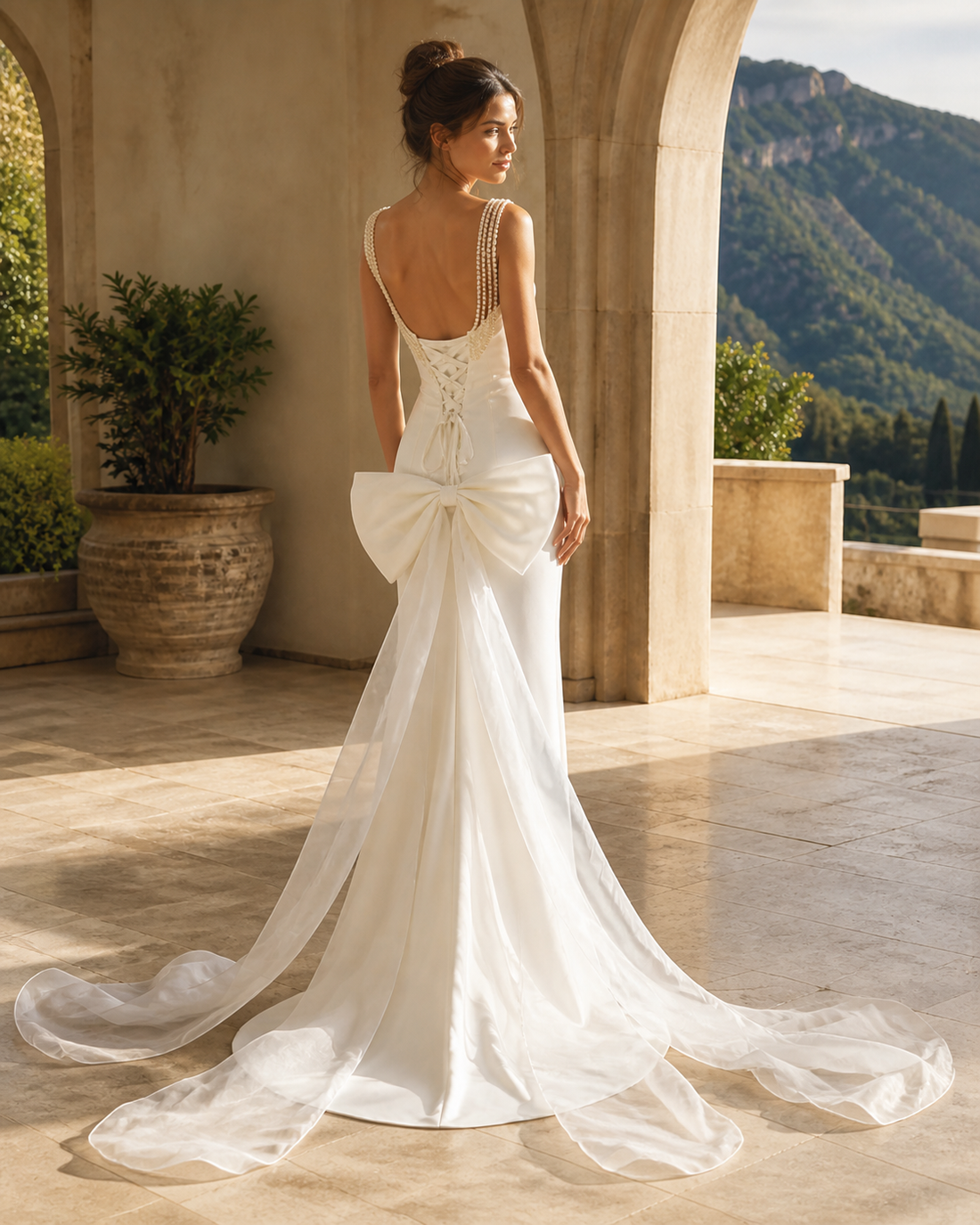 MANT Cowl-Neck Sheer Overskirt Mermaid Wedding Dress