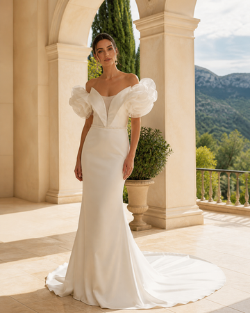 MANT Deep V Puff-Sleeve Mermaid Wedding Dress