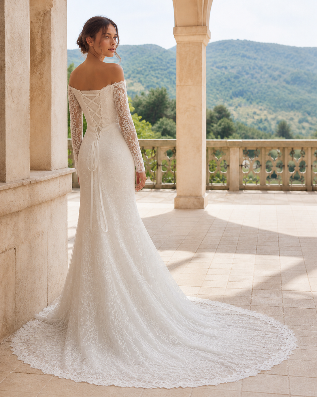 MANT Square-Neck Long-Sleeve Mermaid Wedding Dress