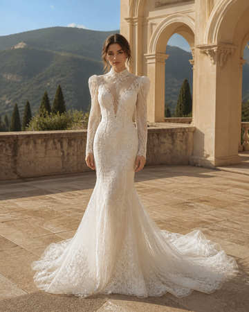 MANT High-Neck Long-Sleeve Mermaid Wedding Dress