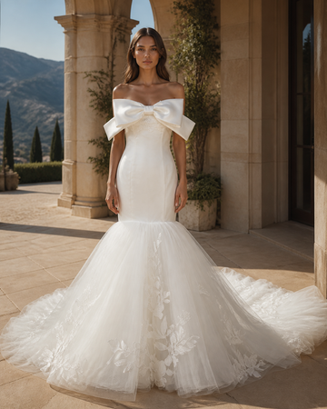 MANT Sculpted Bow Off-Shoulder Mermaid Wedding Dress