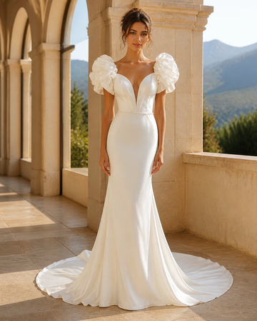 MANT Deep V Puff-Shoulder Mermaid Wedding Dress